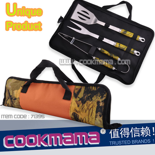 3pcs Camo leaf pattern handle bbq tools with leaf pattern carry bag