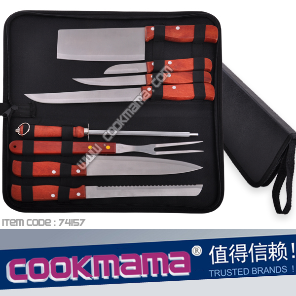 8pcs wood handle knife set and bbq tools with carry bag