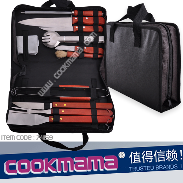 11pcs wood handle knife set and bbq tools with carry bag