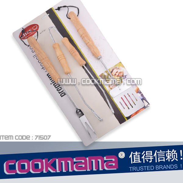 3pc Barbecue Set,round wood handle and iron wire