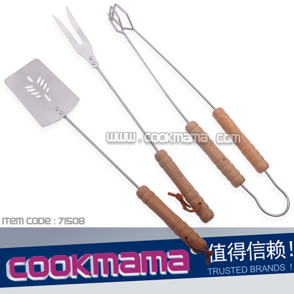 3pc Barbecue Set,round wood handle and iron wire