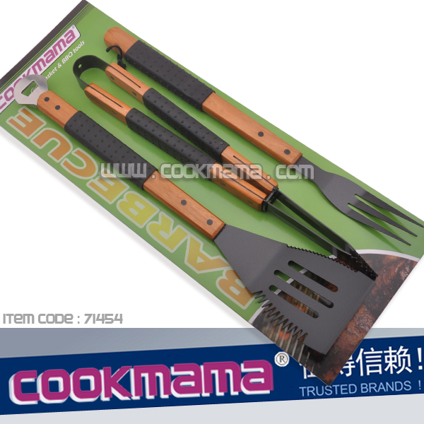 3pcs wood handle non-stick bbq tool set with rubber grip