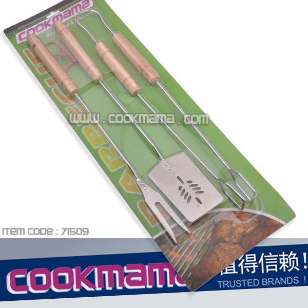 3pc wood handle chrome plated bbq tool set