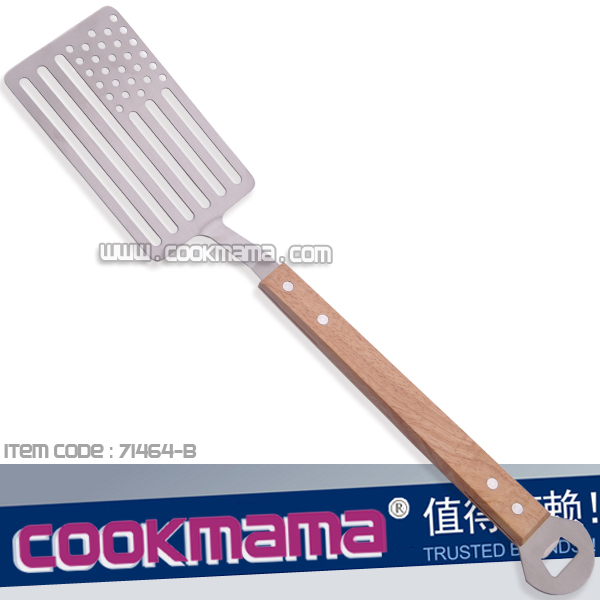 Rubber wood handle Flag shape bbq spatula with opener