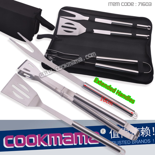 3pcs extended handle BBQ tool set with nylon zipped bag