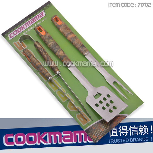 3pcs camo handle bbq tool set with card board