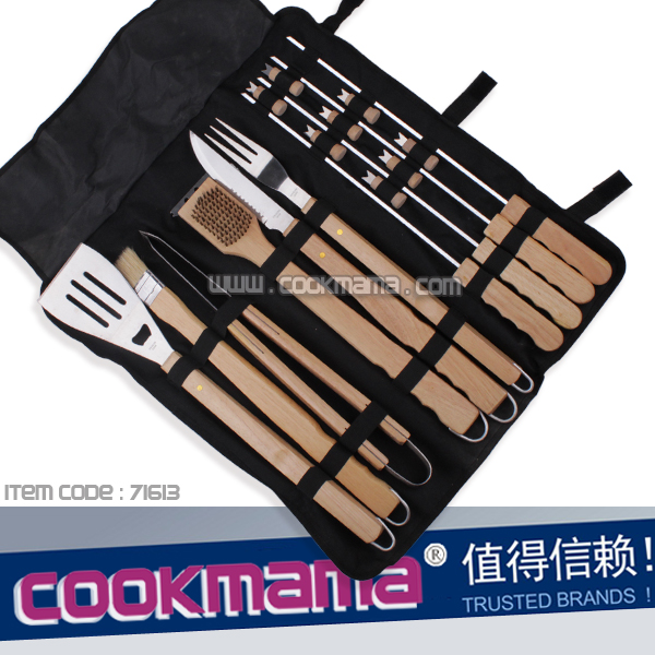 18pcs Rubber wood handle bbq tool set with NYLON bag