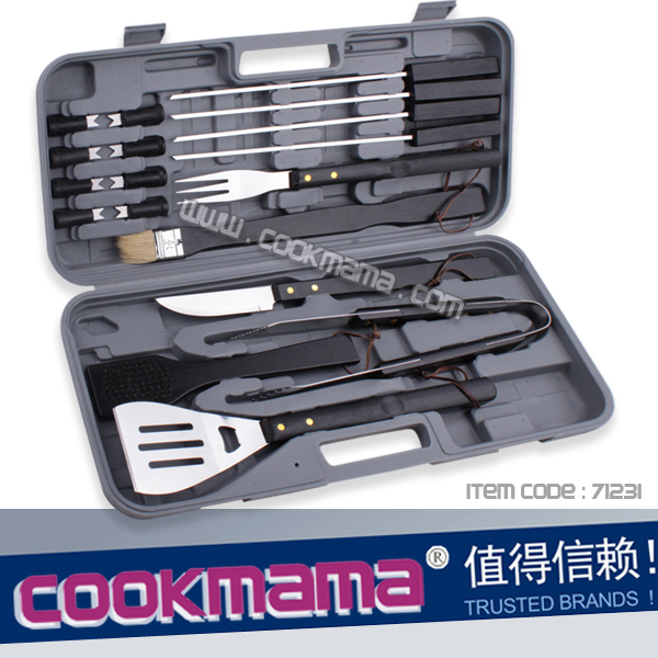 18pcs BLACK wood handle bbq tool set with plastic case