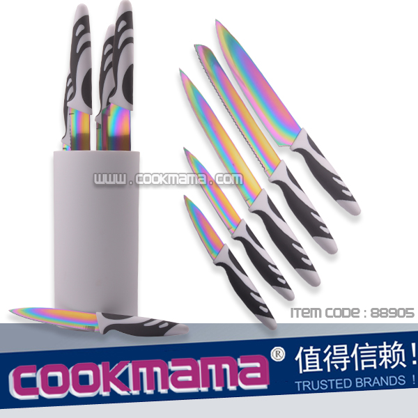 5pcs titanium coating knife set with Multifunction Knife Block